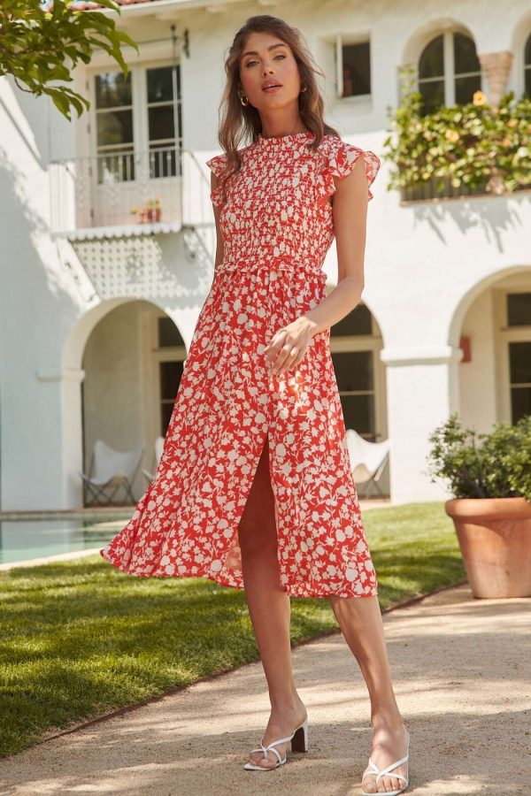 ruffle cap sleeve smocked bodice side slit wedding guest midi dress canada