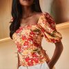 floral ruched puff sleeve square neck top canada
