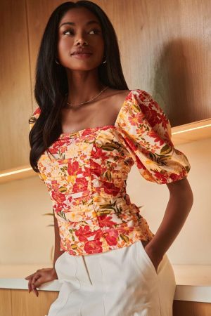 floral ruched puff sleeve square neck top canada