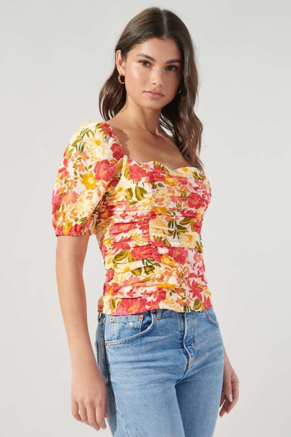floral ruched puff sleeve square neck top canada