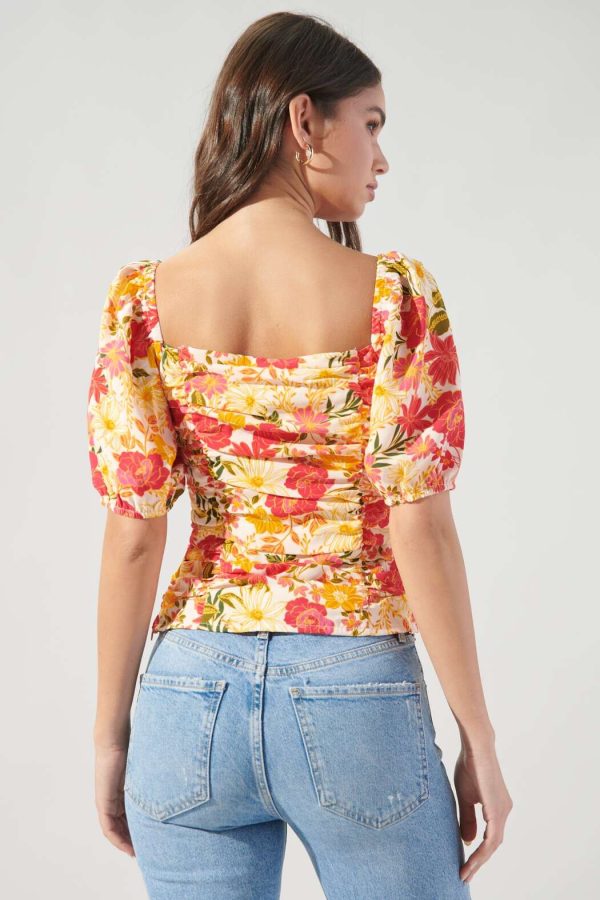 floral ruched puff sleeve square neck top canada