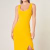 yellow mustard side slit sleveless bodycon midi dress