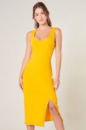 yellow mustard side slit sleveless bodycon midi dress