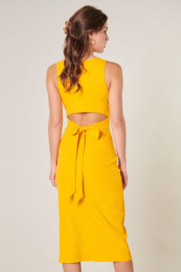 yellow mustard side slit sleveless bodycon midi dress