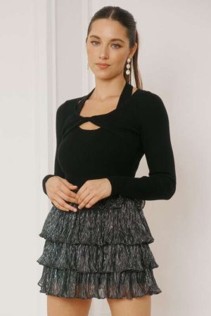black cutout neck sweater top