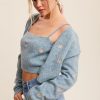 flower embroidered cami and cardigan sweater set