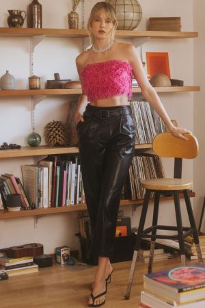 PU leather belted pants