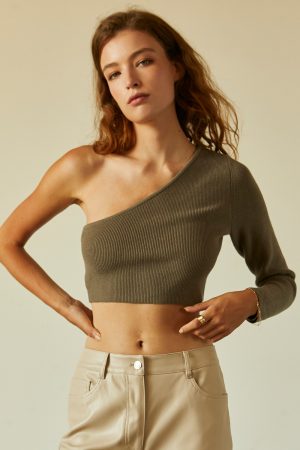 one shoulder knit cropped sweater top