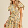 yellow floral cut out summer mini dress