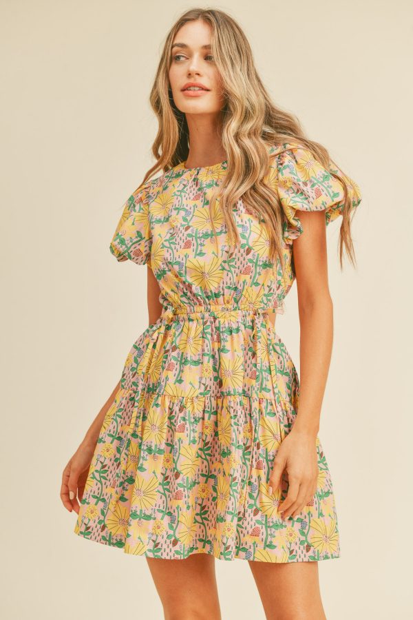 yellow floral cut out summer mini dress