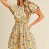 yellow floral cut out summer mini dress