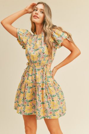 yellow floral cut out summer mini dress