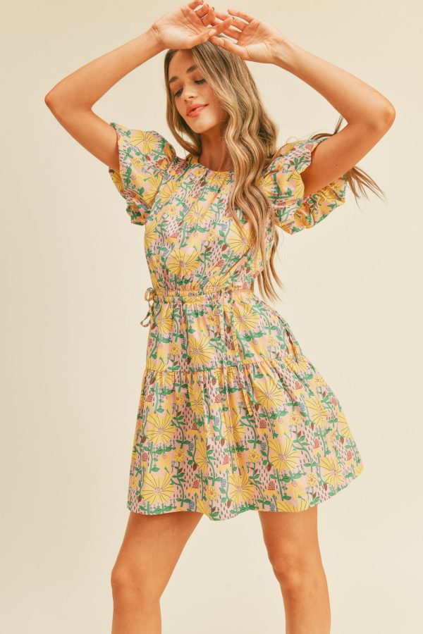 yellow floral cut out summer mini dress