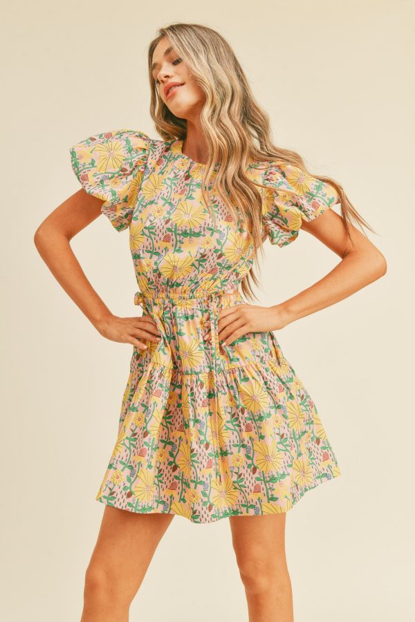 yellow floral cut out summer mini dress