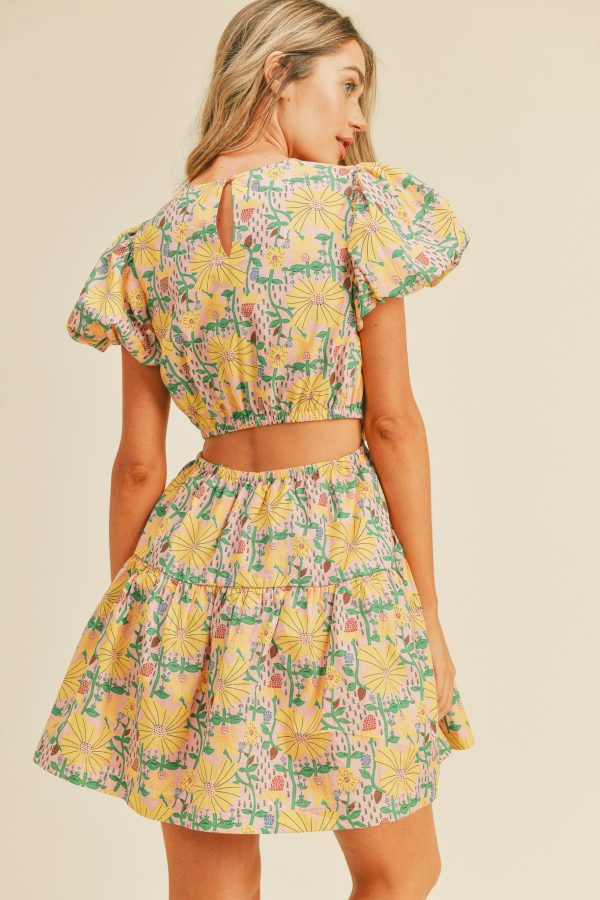yellow floral cut out summer mini dress