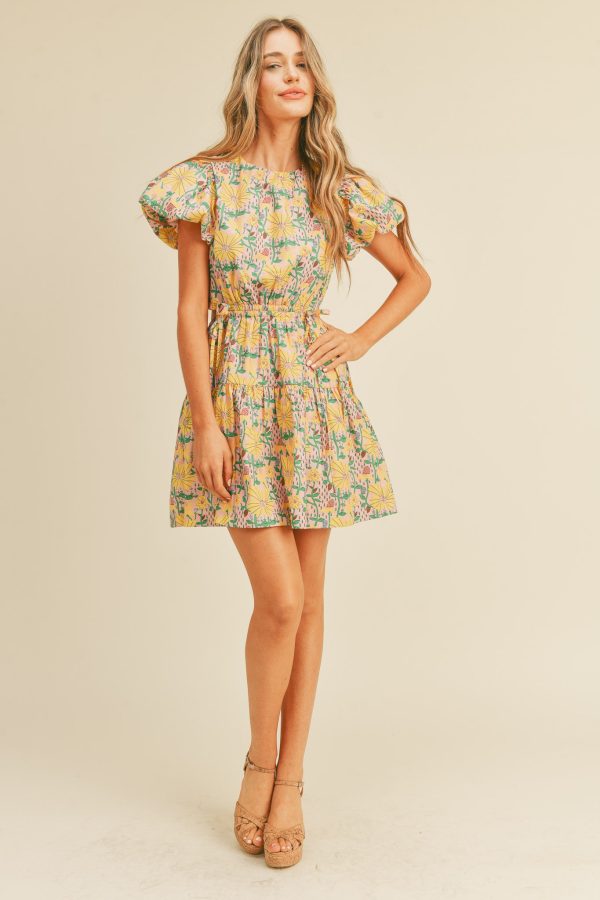 yellow floral cut out summer mini dress