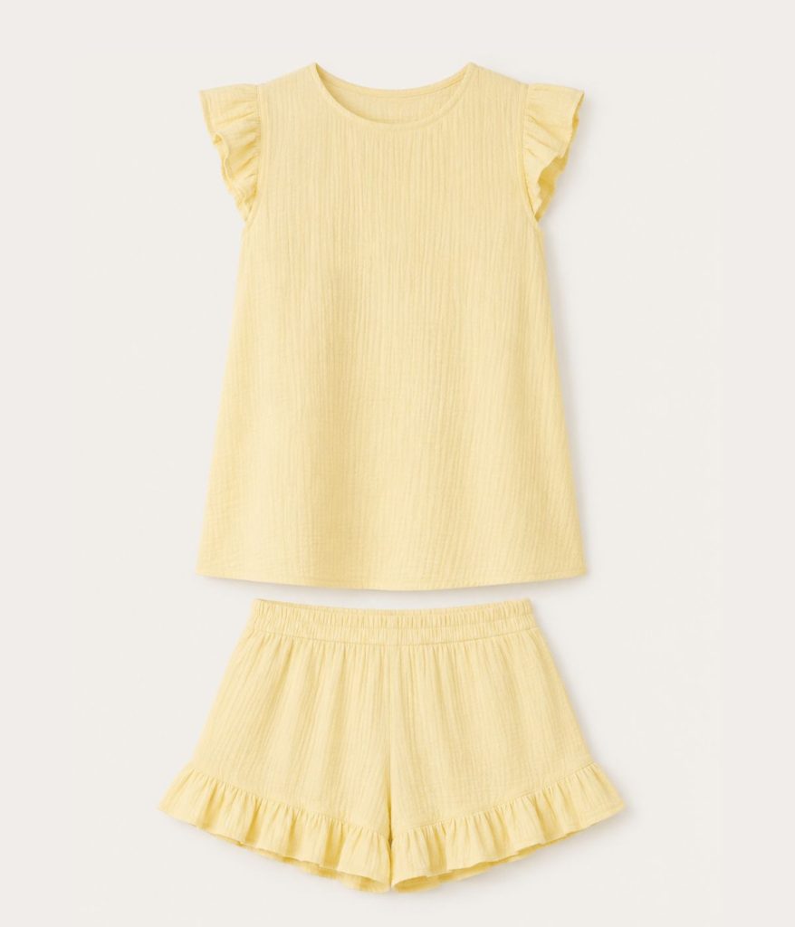 butter yellow ruffle sleeve top and ruffle shorts