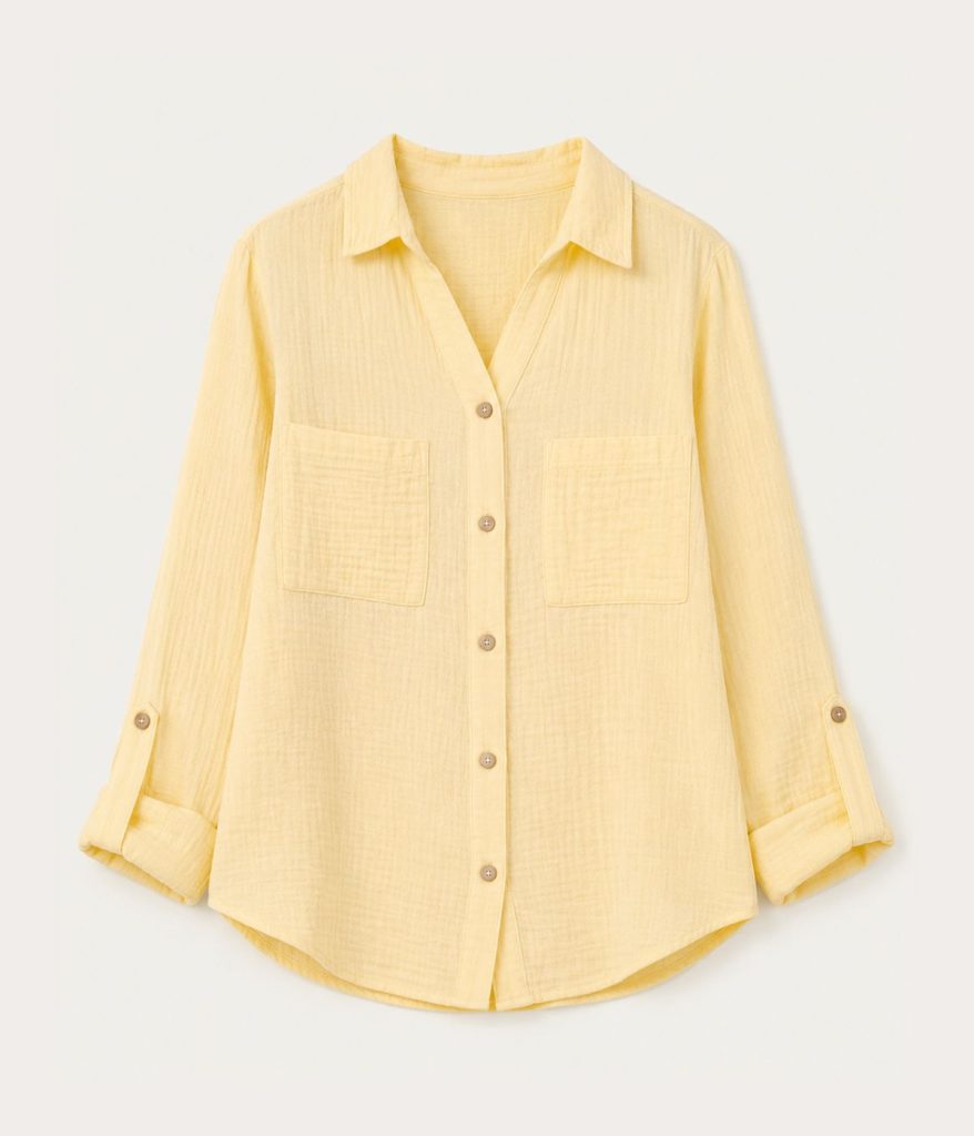 roll up sleeve gauze yellow button up shirt
