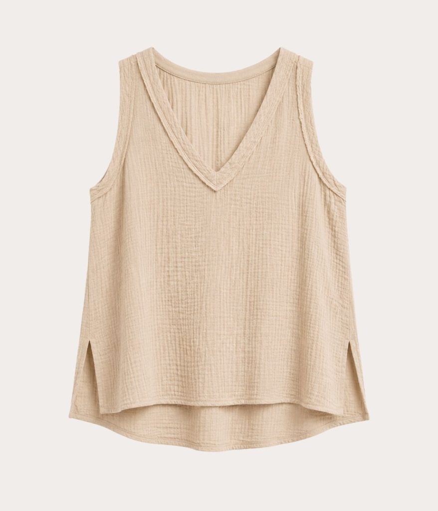 oatmeal gauze summer sleeveless top flowy v neck comfortable