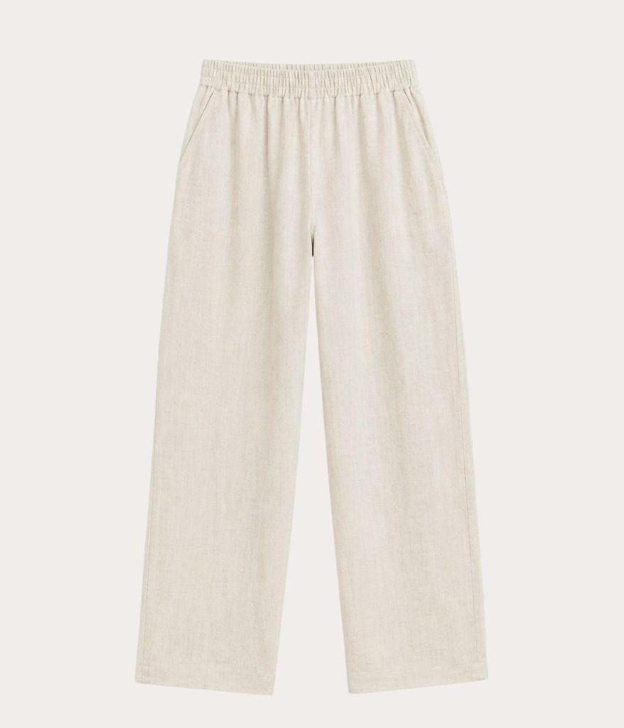 Oatmeal elastic waist linen wide pants