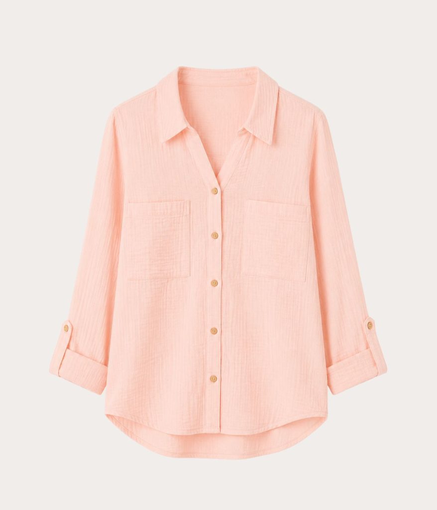 roll up sleeve gauze blush button up shirt